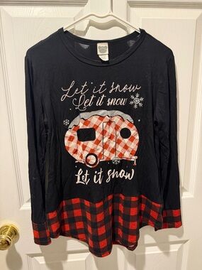 Girls' Black Long Sleeve Tee with Red Buffalo Check Camper Graphic